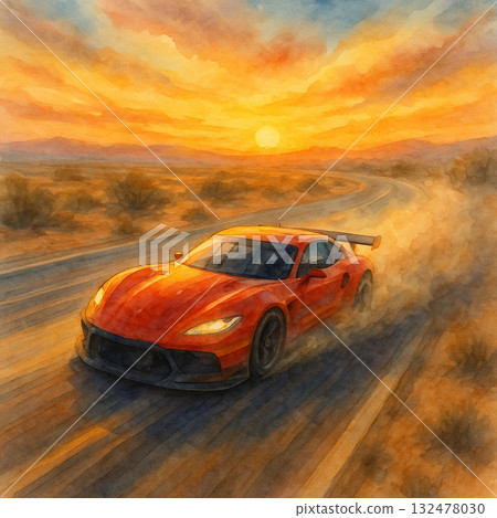 夕陽下的紅色跑車　水彩風速度插畫 132478030