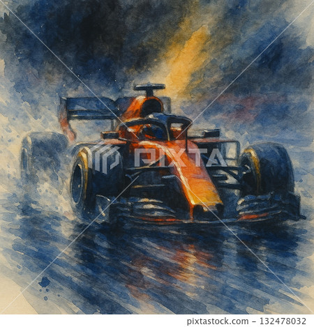 雨中紅色F1賽車 水彩速度與光影插畫 雨中紅色F1賽車 水彩速度與光影插畫 132478032