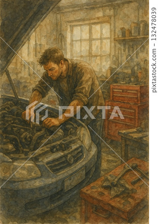 修車工插畫　專注的男人在修理汽車引擎　復古工坊水彩風職人畫面 132478039