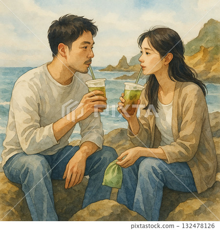 海邊情侶共享手搖飲 水彩插畫溫柔午後 海邊情侶共享手搖飲 水彩插畫溫柔午後 132478126