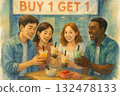 Friends gather to drink pearl milk tea. Watercolor illustration of international friendship time. 132478133