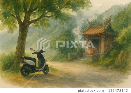 山林小廟與機車停靠 水彩插畫寧靜祈願風景 132478142