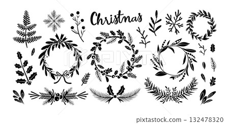 Set of isolated Christmas wreath and decoration elements in black silhouette for holiday seasonal on transparent background. 132478320