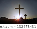 Calvary Hill, the cross symbolizing the death and resurrection of Jesus Christ, Holy Week background 132478431