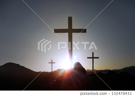 Calvary Hill, the cross symbolizing the death and resurrection of Jesus Christ, Holy Week background Calvary Hill, the cross symbolizing the death and resurrection of Jesus Christ, Holy Week background 132478431