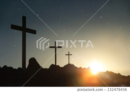 Calvary Hill, Golgotha, with the cross symbolizing the death and resurrection of Jesus Christ during Holy Week Calvary Hill, Golgotha, with the cross symbolizing the death and resurrection of Jesus Christ during Holy Week 132478436
