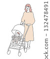 A young woman pushing a stroller Line drawing 132478491
