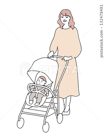 A young woman pushing a stroller Line drawing 132478491