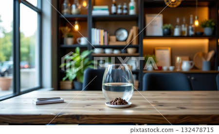 A cozy living room or perhaps a studio apartment, furnished in a contemporary style with a touch of rustic charm 132478715