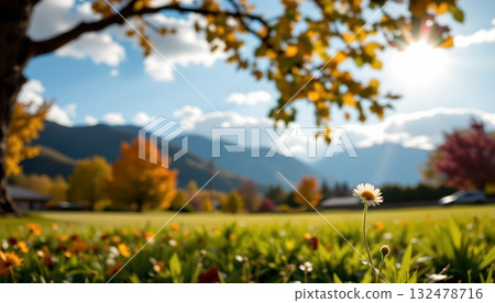 An idyllic autumnal scene with a vibrant patch of grass featuring a single daisy in full bloom 132478716