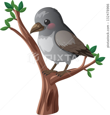 Cartoon Gray Bird Perched on Tree Branch Cartoon Gray Bird Perched on Tree Branch 132478966