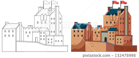 Historic Scottish Castle Vector Illustration with Flags 132478998