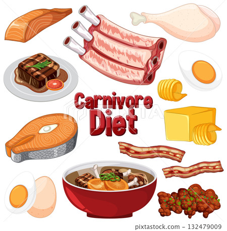 Carnivore Diet Food Illustration with Meat and Eggs 132479009