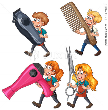 Cartoon Hairdressers Carrying Oversized Salon Tools 132479012