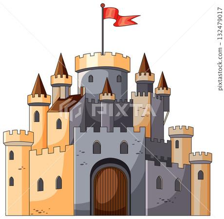 Medieval Stone Castle with Red Flag Illustration Medieval Stone Castle with Red Flag Illustration 132479017