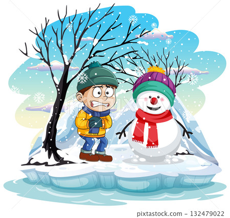 Boy in Winter Clothes Standing Beside Smiling Snowman Boy in Winter Clothes Standing Beside Smiling Snowman 132479022