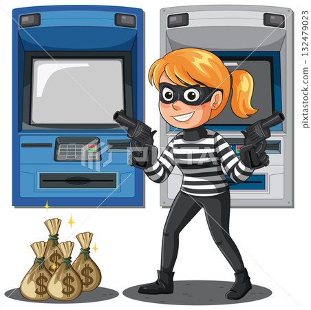 Female Cartoon Thief Robbing ATMs with Money Bags 132479023