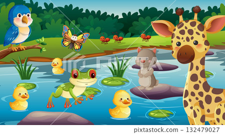 Cartoon Jungle Animals Gather by Riverbank in Daylight 132479027
