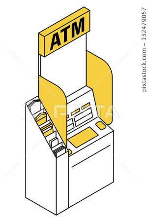 帶有傳單儲存區的便利商店 ATM 的簡單線條繪製等距插圖 132479057