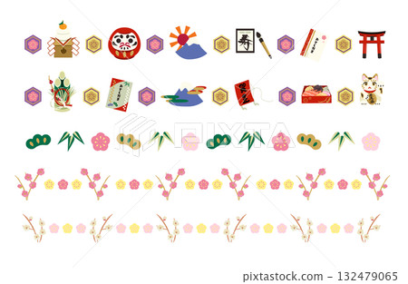 New Year's motif Japanese style line decoration set illustration New Year's motif Japanese style line decoration set illustration 132479065