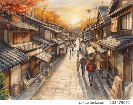 秋風吹拂的日式街道景觀插圖 132479073