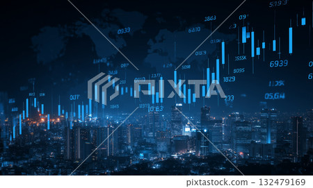 Global business strategy perspective, city and stock chart (finance, technology, silhouette) 132479169