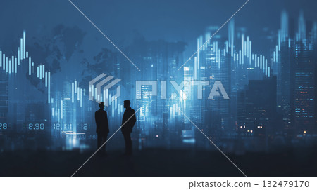 Global business strategy perspective, city and stock chart (finance, technology, silhouette) Global business strategy perspective, city and stock chart (finance, technology, silhouette) 132479170