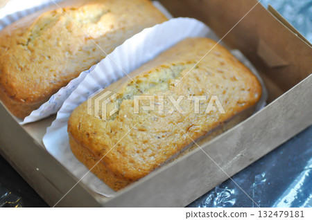 banana cake or banana bread or almond bread , loaf of bread 132479181