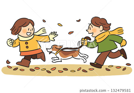 A child and a dog running through fallen leaves 132479581