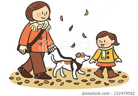 Family and dog walking in autumn 132479582