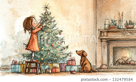 A little girl decorates a Christmas tree in a warm living room with a fireplace A little girl decorates a Christmas tree in a warm living room with a fireplace 132479584