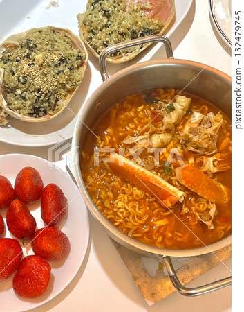 Kkotgae Ramyeon, a spicy crab ramen dish with rich seafood broth, tender noodles, and fresh vegetables. A hearty and flavorful Korean comfort food. Kkotgae Ramyeon, a spicy crab ramen dish with rich seafood broth, tender noodles, and fresh vegetables. A hearty and flavorful Korean comfort food. 132479745