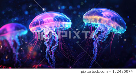 Giant Floating Jellyfish with Bioluminescent Tentacles Illuminating the Ocean Depths Background 132480074