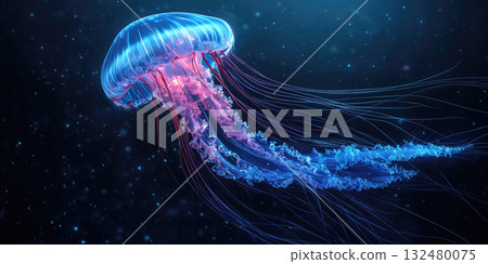 Giant Floating Jellyfish with Bioluminescent Tentacles Illuminating the Ocean Depths Background Giant Floating Jellyfish with Bioluminescent Tentacles Illuminating the Ocean Depths Background 132480075