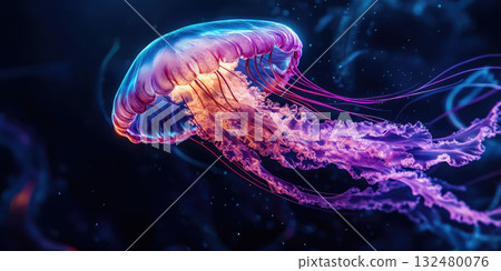 Giant Floating Jellyfish with Bioluminescent Tentacles Illuminating the Ocean Depths Background 132480076