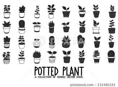 Potted Plant Doodle vector icon set. Drawing sketch illustration hand drawn line eps10 132480183