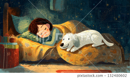 Girl and dog sleeping in bed in children's room 132480602
