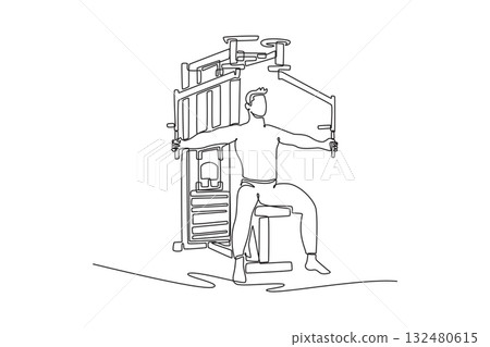 Single continuous line drawing young man is performing a pec deck fly on a gym machine, illustrating upper body strength and a focused fitness workout. One line draw graphic design vector illustration 132480615