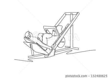 Single continuous line drawing young man is lying on a leg press machine, pushing the weights with his feet, lower body strength and intense training. One line draw graphic design vector illustration Single continuous line drawing young man is lying on a leg press machine, pushing the weights with his feet, lower body strength and intense training. One line draw graphic design vector illustration 132480625