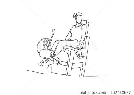 Single one line drawing beauty girl is performing seated leg extension exercise on gym machine. Lower body strength and focused fitness workout. Continuous line draw design graphic vector illustration Single one line drawing beauty girl is performing seated leg extension exercise on gym machine. Lower body strength and focused fitness workout. Continuous line draw design graphic vector illustration 132480627