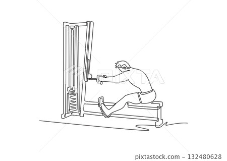 Single continuous line drawing young man is performing seated cable row exercise on gym machine. Focused back strength and disciplined fitness workout. One line draw graphic design vector illustration 132480628