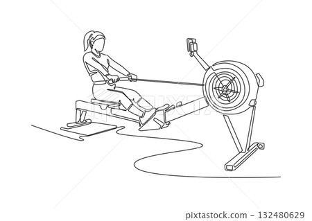 Single continuous line drawing active woman is performing full-body cardio workout on rowing machine. Endurance, focus, and dynamic fitness training. One line draw graphic design vector illustration Single continuous line drawing active woman is performing full-body cardio workout on rowing machine. Endurance, focus, and dynamic fitness training. One line draw graphic design vector illustration 132480629