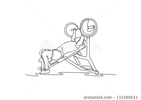 Single one line drawing young man performing barbell press on incline bench for upper chest strength, illustrating focused and intense training. Continuous line draw design graphic vector illustration 132480631