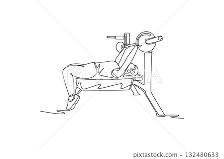 Single one line drawing young woman is performing heavy barbell bench press on weight bench, illustrating strength, focus, and intense training. Continuous line draw design graphic vector illustration 132480633