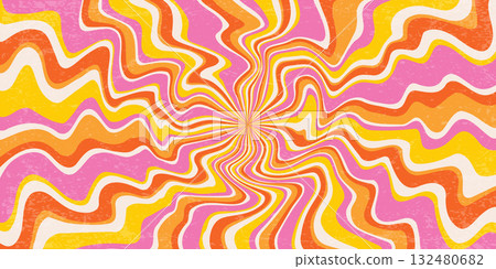 Swirl psychedelic background with wavy pattern of radial sun rays. Vector groovy candy backdrop with grunge texture. Summer pink and orange funky vintage bg. 132480682