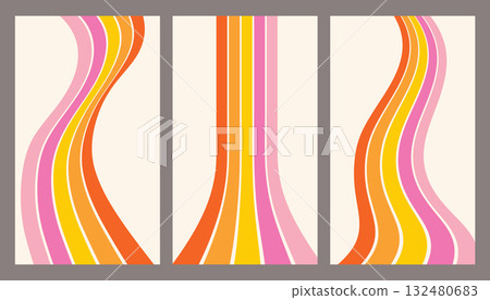 Retro rainbow line backgrounds. Groovy vintage 70s abstract flow for poster design. Perspective swirl dynamic stripes. Vector backdrops with parallel pink and orange waves 132480683