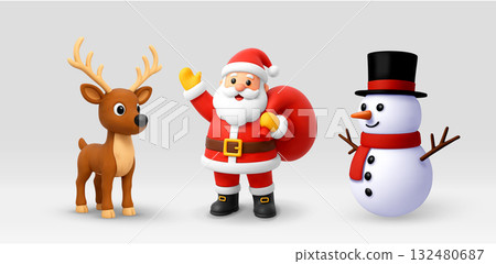 Santa Claus, reindeer, and snowman 3D 132480687