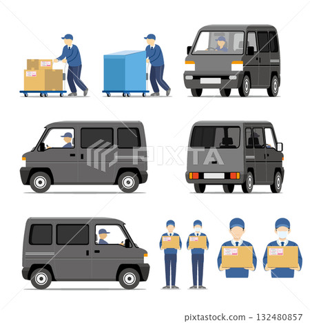 快遞、車輛、燈箱車、輕型車、手推車、工作人員、套裝 132480857