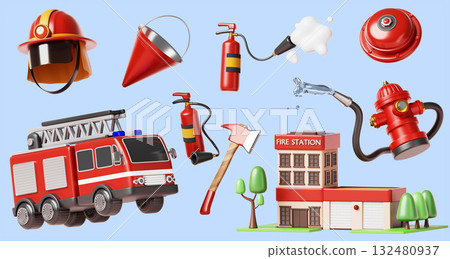 Firefighting equipment 3d render icon set. Fire station building, emergency rescue truck, helmet, foam extinguisher, red alarm bell, hydrant spraying water, cone bucket, axe isolated. 3D illustration 132480937