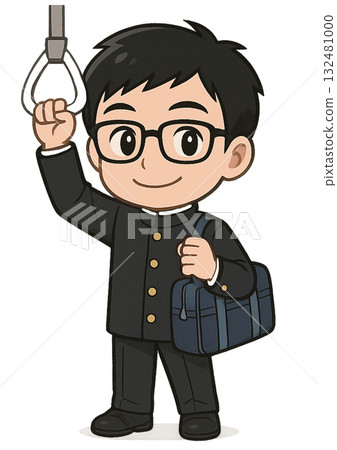 A male student with glasses wearing a school uniform holding onto a strap on a train on his way to school with a smile A male student with glasses wearing a school uniform holding onto a strap on a train on his way to school with a smile 132481000